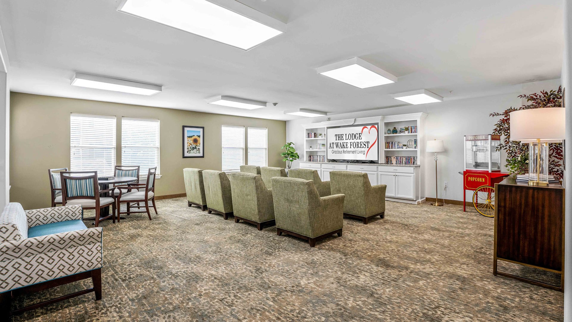 The TV lounge at The Lodge at Wake Forest
