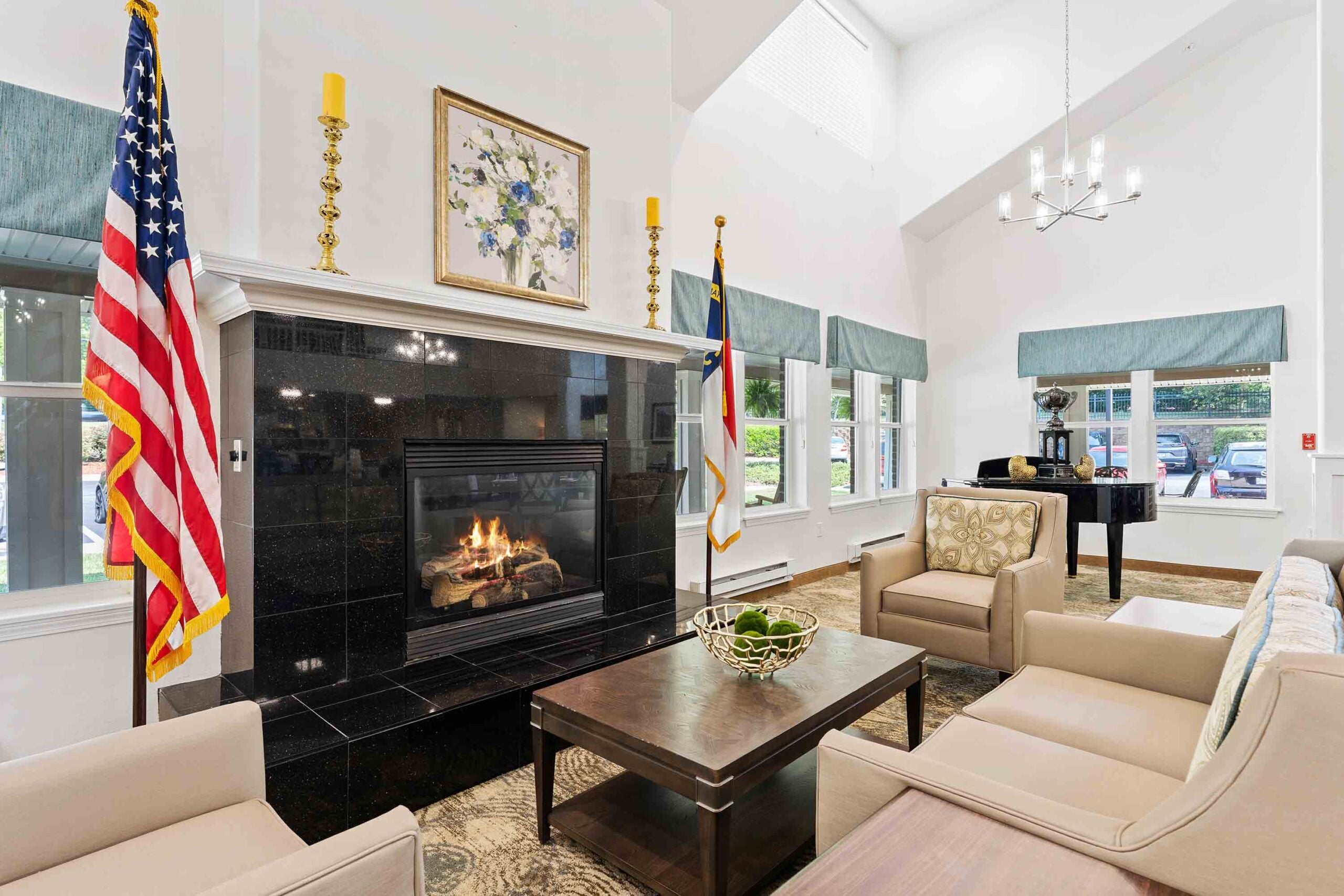 A cozy fireplace lounge at The Lodge at Wake Forest
